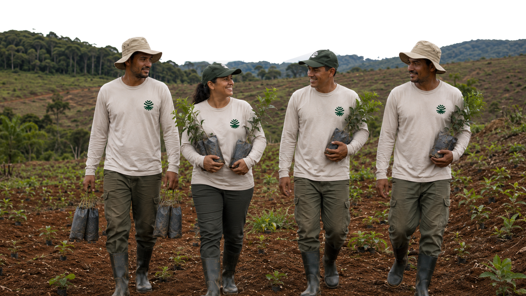 Pessoas caminhando em área de plantio com mudas